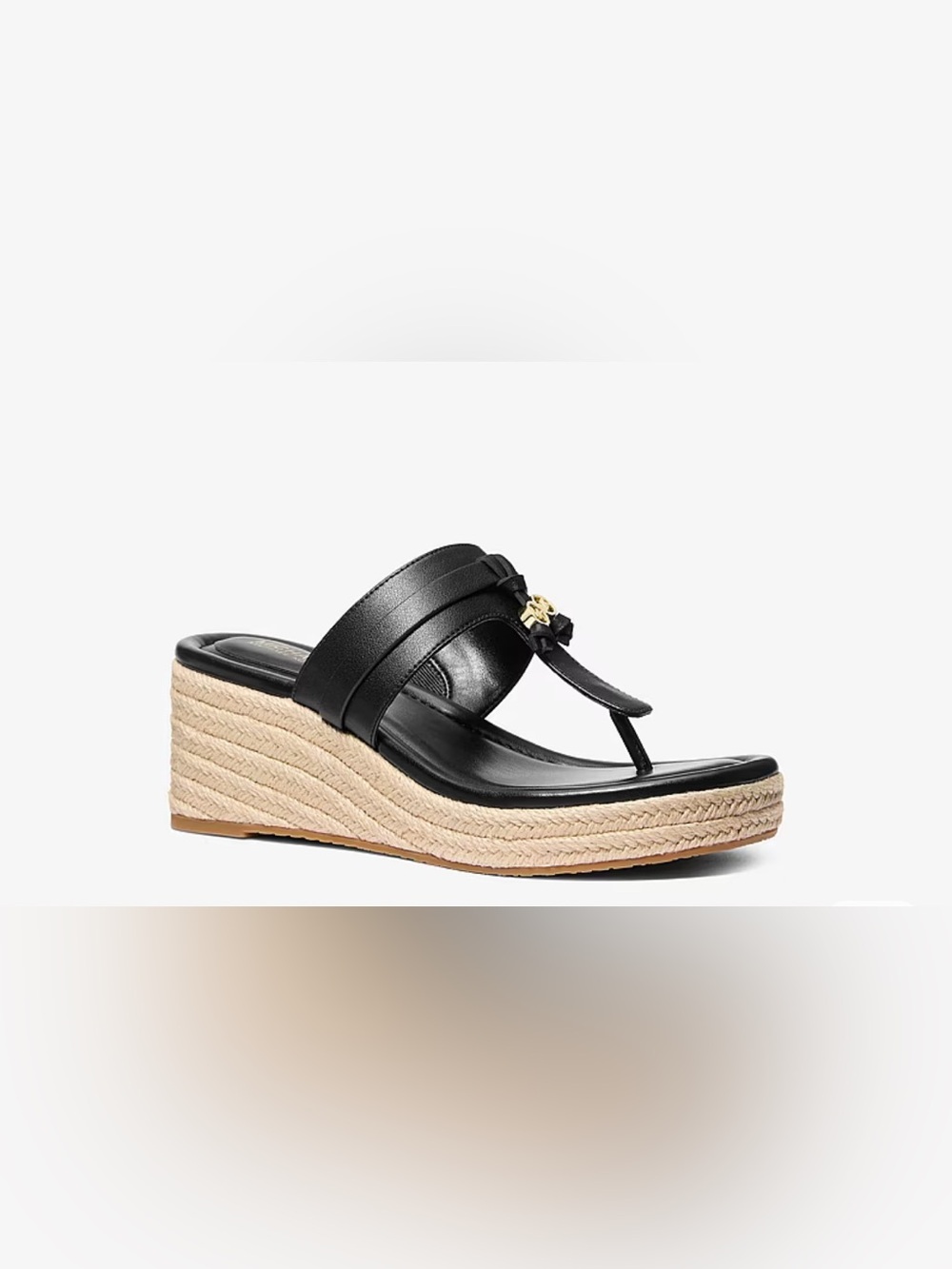 NEW Michael Kors Zoe Wedge Sandal Black Leather Wedge Thong with Gold Accent